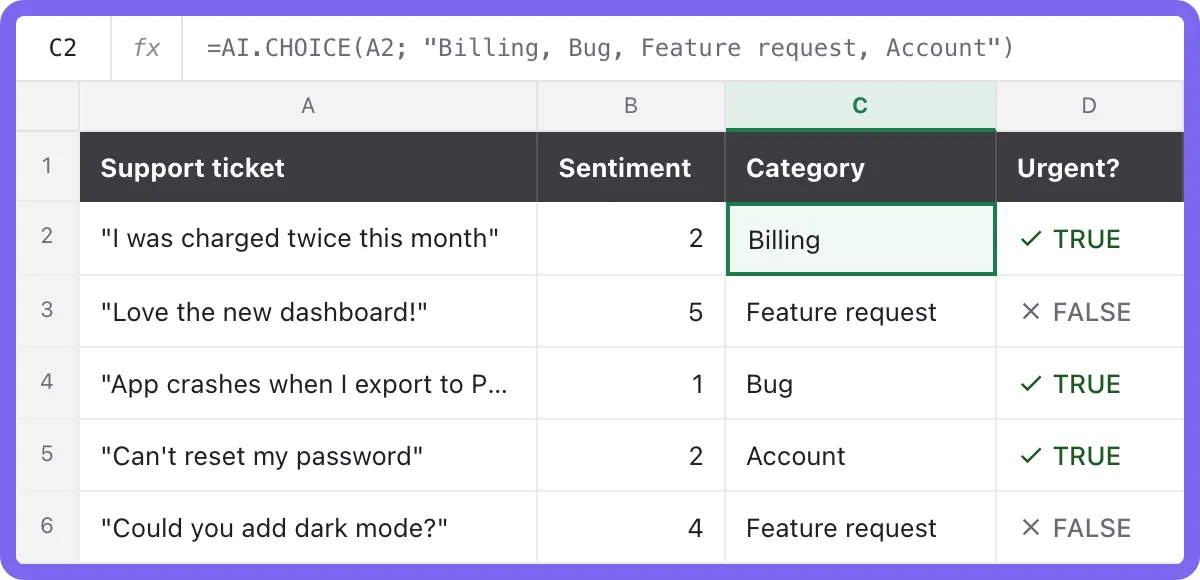 Jev in Excel example: AI.CHOICE, AI.SCORE and AI.CHECK classify, score and flag support tickets in an Excel sheet